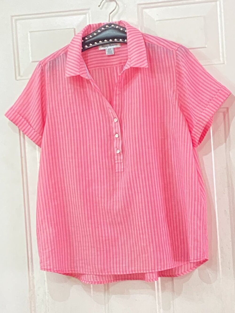 Tommy Bahama Womens Sz Small Blouse Popover Short Sleeve Pink/White Stripe
